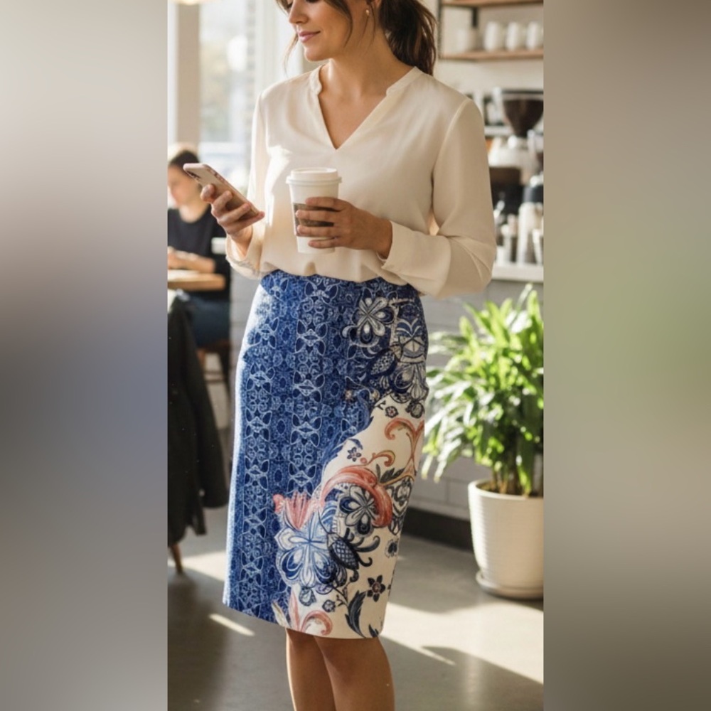 Moulinette Soeurs Anthropologie Skirt Womens Size 6 Blue Floral Pencil Midi